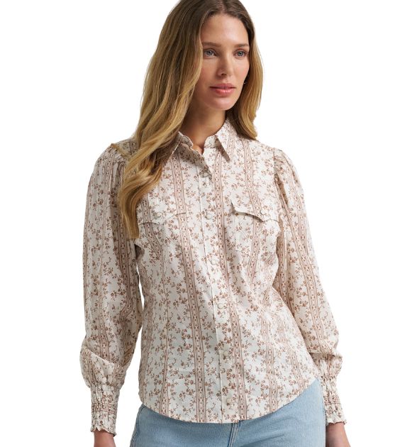 Wrangler Retro Women's Western Puff Sleeve Blouse – White
