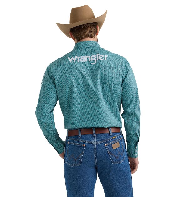 Wrangler® Men's Logo Long Sleeve Button Down Shirt, Teal