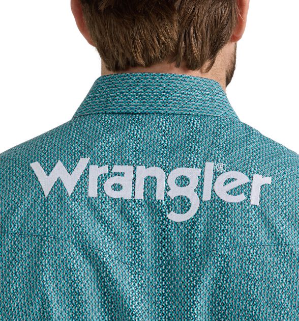 Wrangler® Men's Logo Long Sleeve Button Down Shirt, Teal