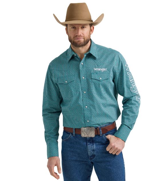 Wrangler® Men's Logo Long Sleeve Button Down Shirt, Teal