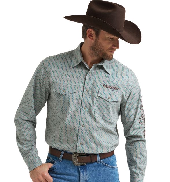 Wrangler® Men's Logo Long Sleeve Button Down Shirt, Grey