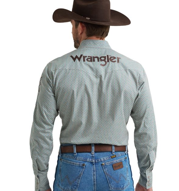 Wrangler® Men's Logo Long Sleeve Button Down Shirt, Grey