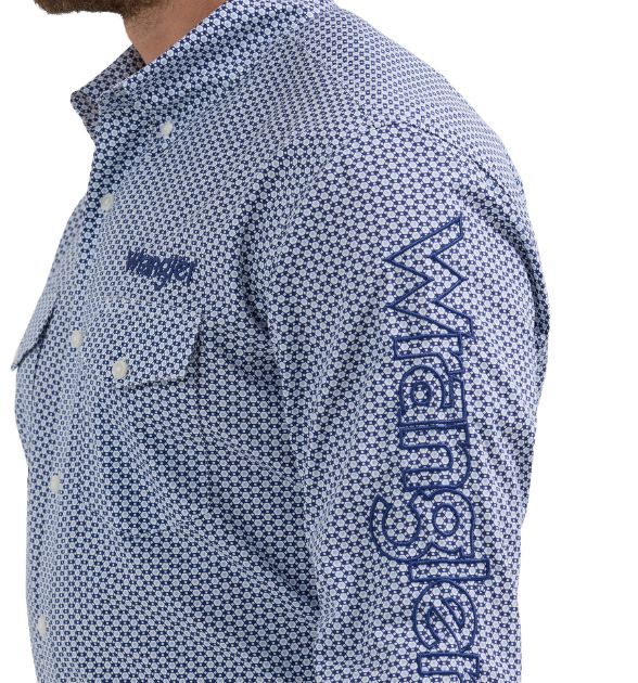 Wrangler® Men's Logo Long Sleeve Button Down Shirt, Blue