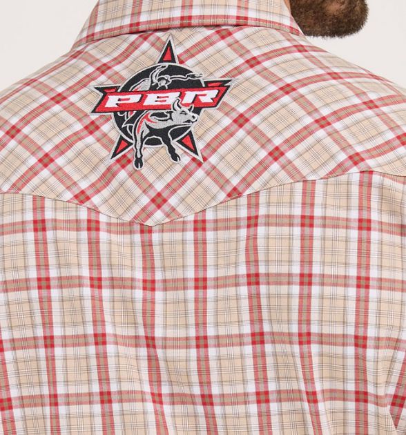 Wrangler® Men's PBR Logo Long Sleeve Button Down Shirt, Brown/Red