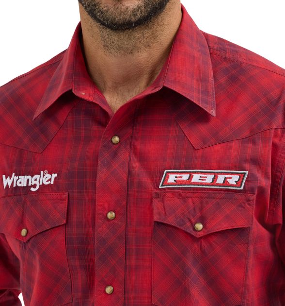 Wrangler® Men's PBR Logo Long Sleeve Button Down Shirt, Red