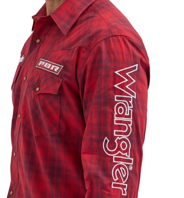 Wrangler® Men's PBR Logo Long Sleeve Button Down Shirt, Red