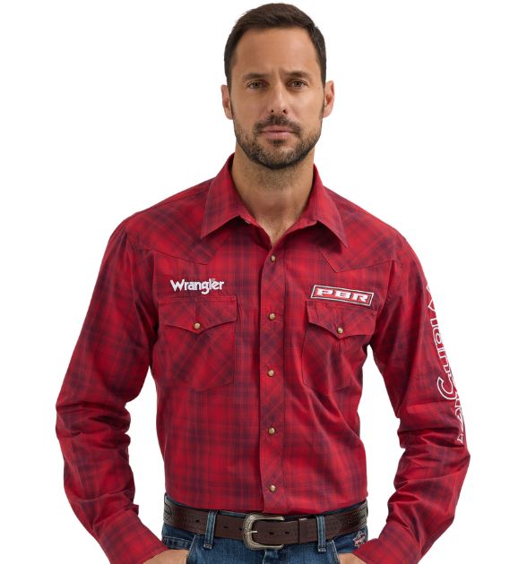 Wrangler® Men's PBR Logo Long Sleeve Button Down Shirt, Red
