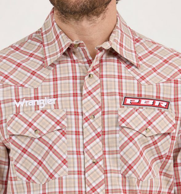 Wrangler® Men's PBR Logo Long Sleeve Button Down Shirt, Brown/Red