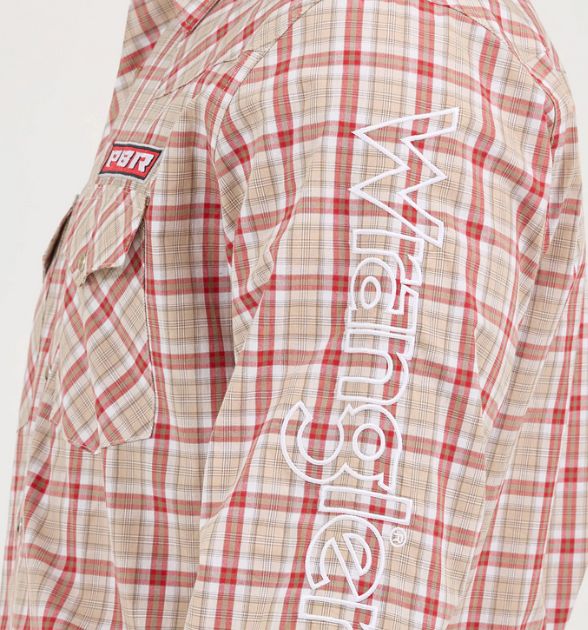 Wrangler® Men's PBR Logo Long Sleeve Button Down Shirt, Brown/Red