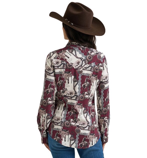 Wrangler® Women's Burgundy Western Print Snap Shirt - Cowgirl Shirt