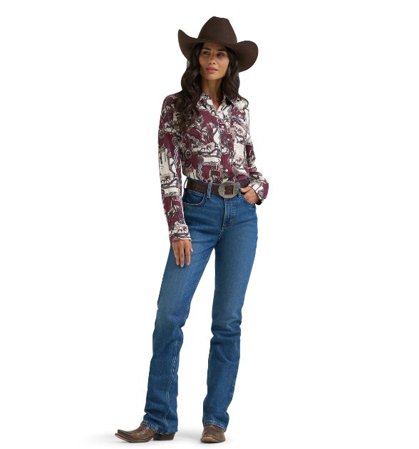 Wrangler® Women's Burgundy Western Print Snap Shirt - Cowgirl Shirt