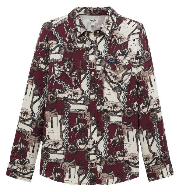 Wrangler® Women's Burgundy Western Print Snap Shirt - Cowgirl Shirt